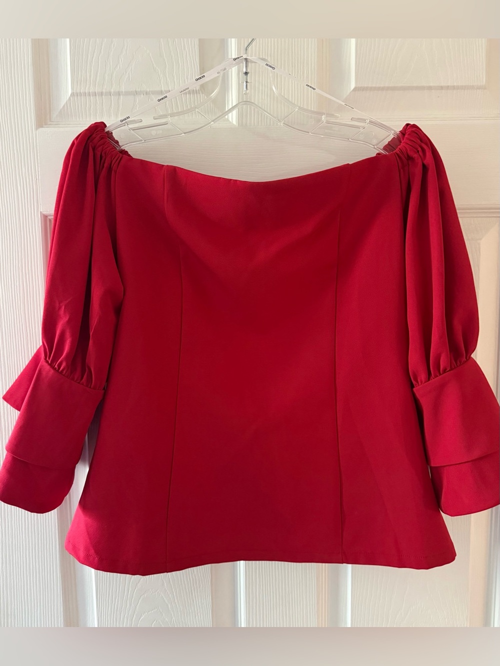 Gracia Red Off-Shoulder Double-Layered Flounce Sleeve Blouse - Size Large